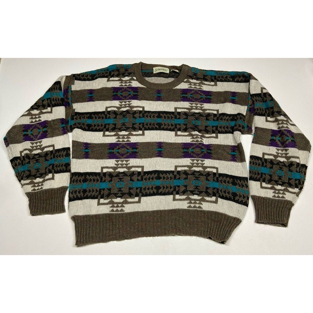 St Johns Bay Mens Vintage Wool Blend Sweater Size L Brown Cream Aztec Grandpa 90